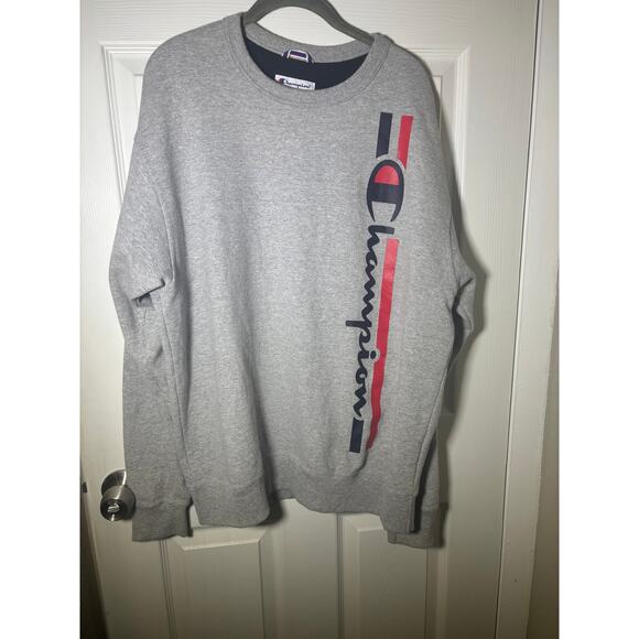 Champion Crew Sweatshirt Vertical Stripe Logo Men's Grey size Large Spellout - Picture 1 of 4